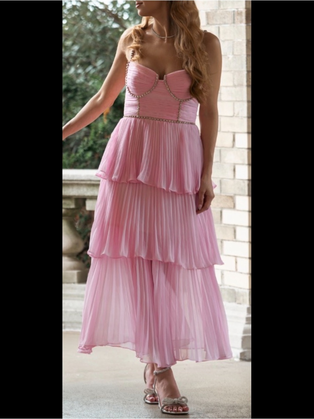 Self-Portrait Chiffon Tiered Pink Midi Dress Size XS